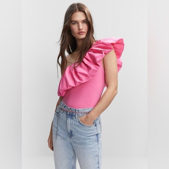 Mango pink asymmetric bodysuit with voluminous ruffle - Picture 4 of 8